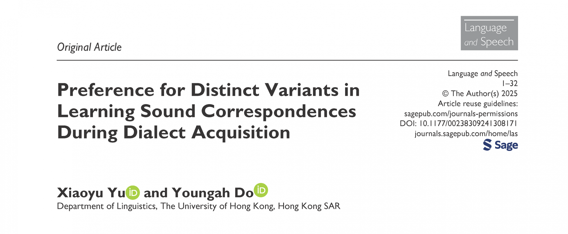 “Preference for Distinct Variants in Learning Sound Correspondences During Dialect Acquisition” published on Language and Speech